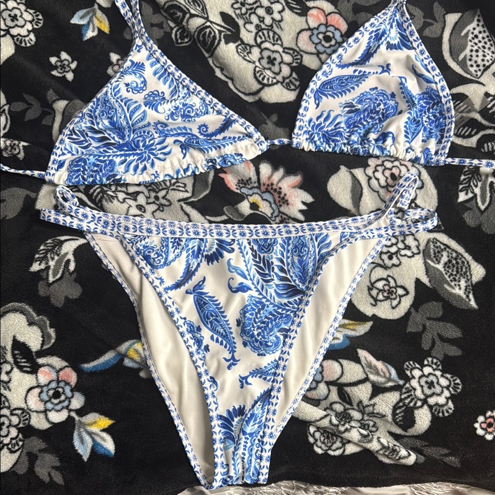 Blue and White Paisley Bikini Set